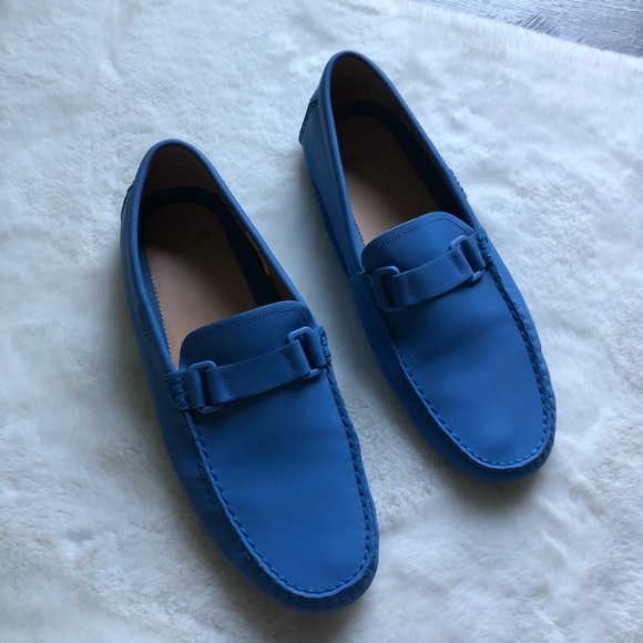 blue leather driving shoes
